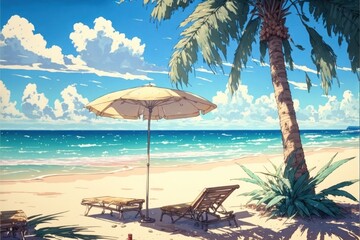 Fototapeta na wymiar Tropical Anime Beach with sunchairs and umbrellas, Abstract Art, Digital Illustration, Generative AI