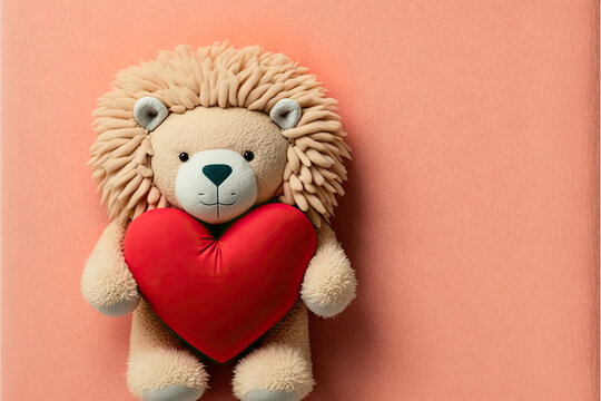 Valentine's Day Background Featuring a Cute Lion Stuffed Animal. Perfect for Flat Lay and Top View Photography with Copy Space for Your Text.