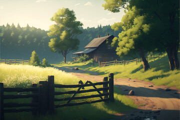 Country side summer vacation landscape illustration.