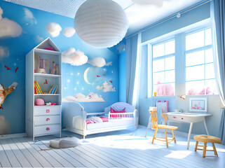 Lovely cute kids princess bedroom room with toys, cloud lamps, moon, wallpaper and bright windows, inspirational interior design, reworked and enhanced ai generated mattepainting illustration - obrazy, fototapety, plakaty