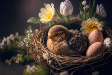 Obraz na płótnie Canvas cute chick in an easter nest with easter eggs and spring flowers, generative ai