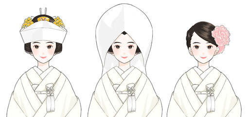 白無垢の花嫁　角隠し、綿帽子、洋髪