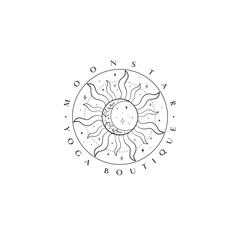Minimal bohemian vector logo design, Boho sun and moon logo, sun line art vector