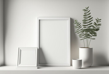 white room with frame mockups. Blank picture frame mockup on white wall. White living room design. modern living room design. minimalism concept. generative ai.