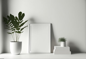 Blank picture frame mockup on white wall. White living room design. modern living room design. minimalism concept. plant in vase. generative ai.