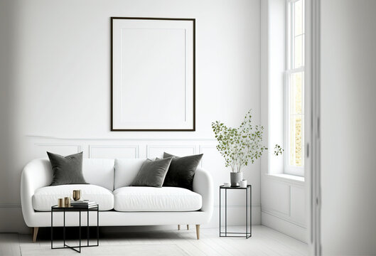 Blank picture frame mockup on white wall. White living room design. modern living room design. minimalism concept. interior design. generative ai.