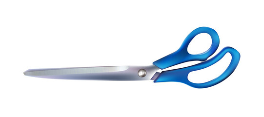 Realistic metal scissor with blue plastic handles isolated. Professional cutting tool with closed blades, for tailors and barbers, hobby and craft.png
