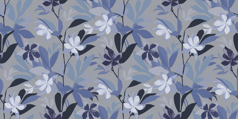 Vector floral seamless pattern in shades of blue and purple. Aquilegia flowers. - obrazy, fototapety, plakaty