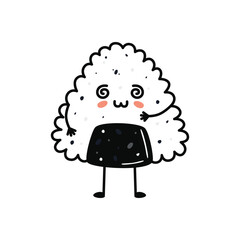 Kawaii sushi mascot in cartoon style. Cute onigiri with salmon for menu