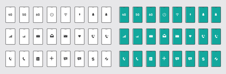 Set of mobile icons, call, wifi, 5g, 4g, notification, sms, text, contacts and more