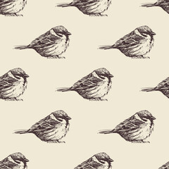 Pattern of hand-drawn birds on a milky background for printing and decoration. Vector illustration.