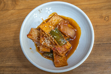 Spicy fish cake and vegetables, a side dish at a Korean restaurant