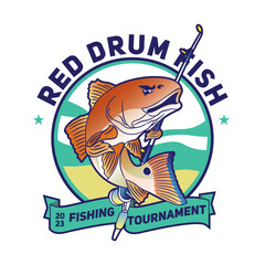 Red drum fish vector illustration in cartoon style, perfect for t shirt and fishing tournament event logo design