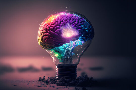 A lightbulb illuminating above a brain, representing the spark of a new idea.