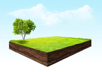 cubical cross section with underground earth soil and green grass on top, cutaway terrain surface with mud and field isolated - obrazy, fototapety, plakaty