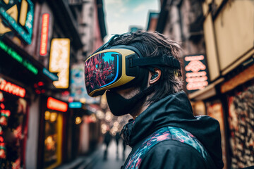 Urban E-gamer in VR goggles virtual role playing in colourful city street, generative AI illustration