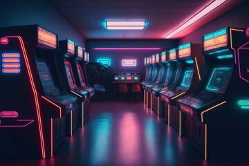 retro Arcade Machin room, a synthwave hall with Arcade Machin ,80s vibes ,cyberpunk colored futuristic,high definition, soft lighting, ambient light,Generative ai	
 - obrazy, fototapety, plakaty