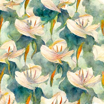 Seamless Watercolor Lillies Pattern In The Style Of Monet 