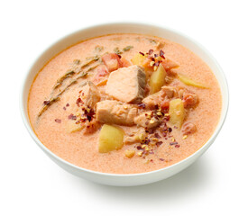 bowl of salmon and tomato soup