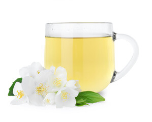 Cup of tea and fresh jasmine flowers isolated on white