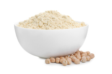 Chickpea flour in bowl and seeds isolated on white
