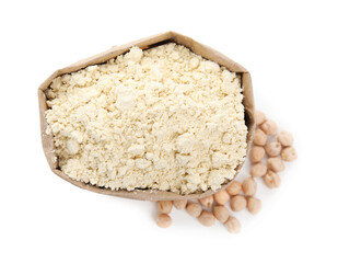 Chickpea flour in paper bag and seeds isolated on white, top view