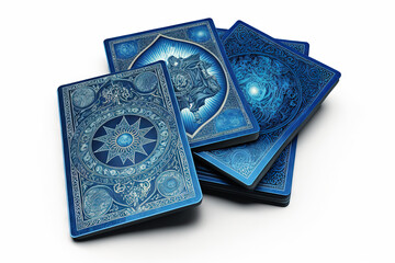blue tarot cards deck on white starts background holiday divination esoteric concept. Generative ai - obrazy, fototapety, plakaty