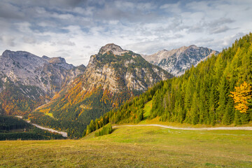 Karwendel alps at golden autumn sunrise, tyrol and bavarian alps border, Austria