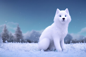 Lobo animado albino en la nieve