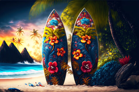 Tropical painted Surfboards, generative AI