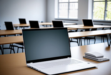 Mockup laptop in a classroom. Generative AI