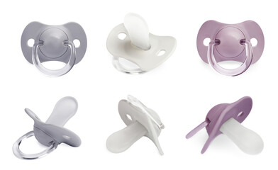 Collage of baby pacifiers on white background, views from different sides