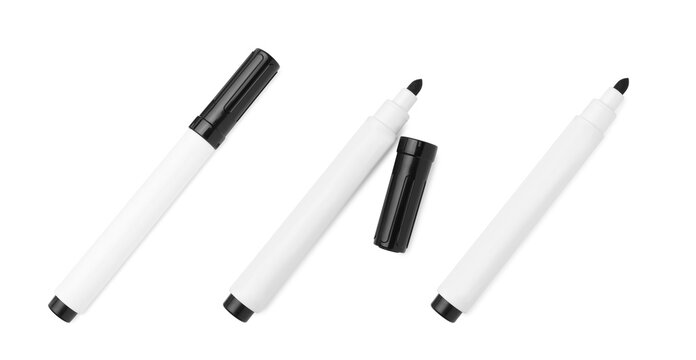 Set of black markers on white background, top view. School stationery