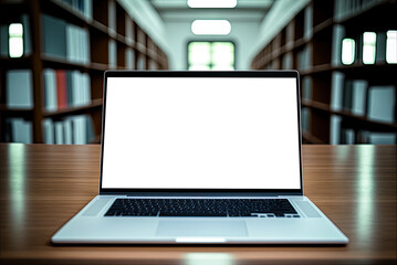 Mockup laptop in a library. Generative AI