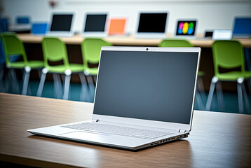 Mockup laptop in a classroom. Generative AI