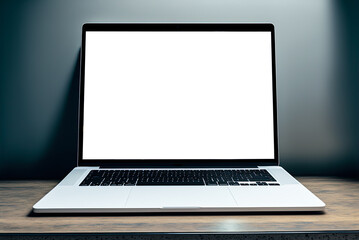 Mockup laptop on wood table with plain background. Generative AI