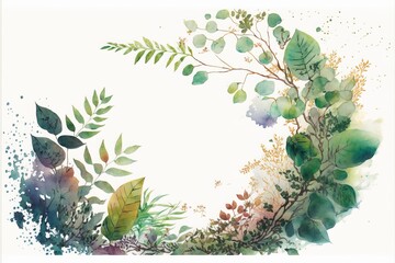 watercolor of background with white center, with made with leaves and foliage of flowers and plants and trees on the edges