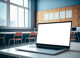Mockup laptop in a classroom. Generative AI