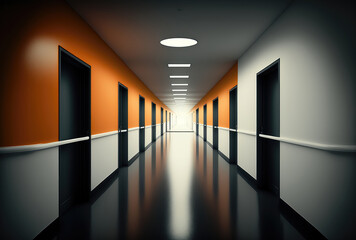 Langer Korridor mit schwarzen Türen - Generative Ai