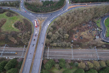 High Angle Footage of Central Milton Keynes City of England During Night. Illuminated City Centre Was Captured with Drone's Camera on 27th January 2023 after Sunset.