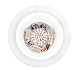 LED recessed light with cover removed to show the "bulb" with the LEDs illuminated (turned on)