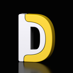 3d letter D plastic yellow and white from alphabet isolated in a black background. Hi tech metallic font character design illustration, text minimal style, 3d rendering