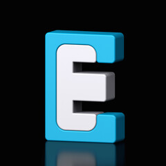 3d letter E plastic light blue and white from alphabet isolated in a black background. Hi tech metallic font character design illustration, text minimal style, 3d rendering