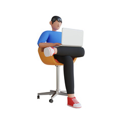 Character Sitting on chair with Laptop 3D Illustration