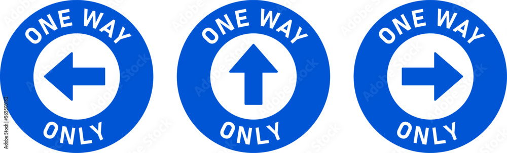 Poster set of one way only round floor marking adhesive sticker icon with direction arrow and text. vector 