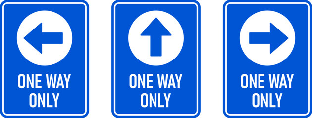 Set of One Way Only Vertical Warning Sign Poster or Sticker Design Icon with Direction Arrow and Text. Vector Image. - obrazy, fototapety, plakaty