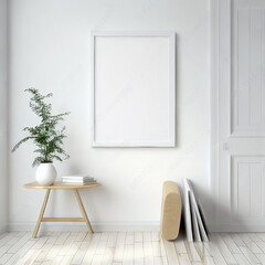 Frame for mock-ups, in a boho-styled room, light and bright white, clean minimalist room with a small table and plant