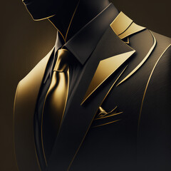 Businessman in black and gold suit, rich and luxurious, close-up with plain background