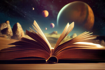 Open book with planets and outer space background, Generative AI