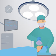 the anesthesiologist in the operating room makes anesthesia to the patient before the operation. Vector illustration